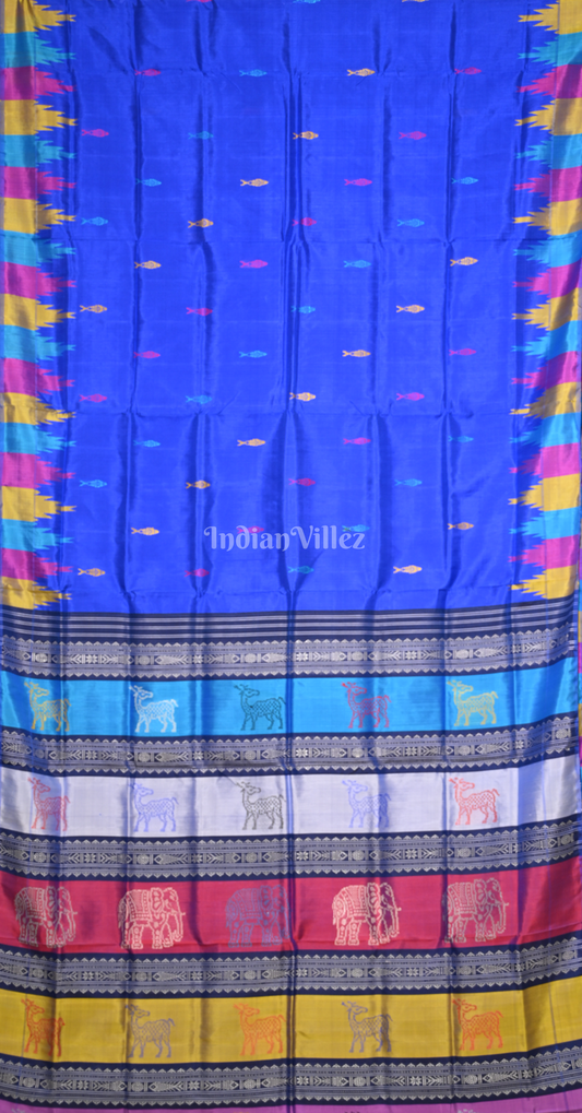Blue Fish Motif Double Pallu Berhampuri Silk Saree