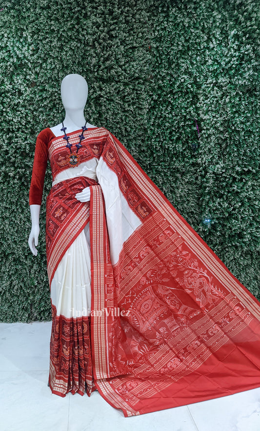 White Red Nabakothi Odisha Ikat Sambalpuri Silk Saree