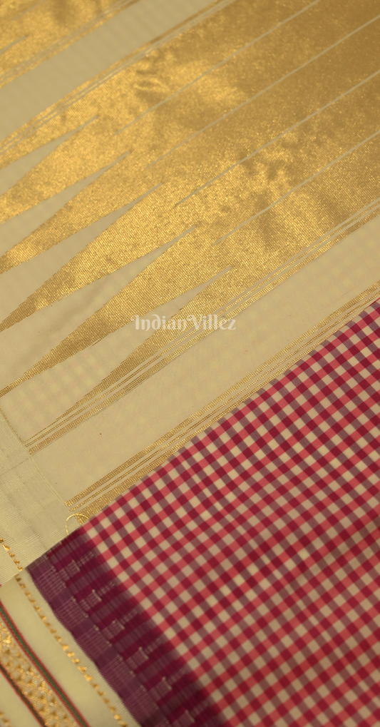 Beige Maroon Check Pure Gadwal Silk Saree