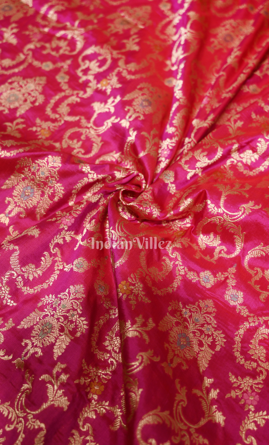 Exclusive Bridal Hot Pink Floral Design Pure Katan Banarasi Silk Saree