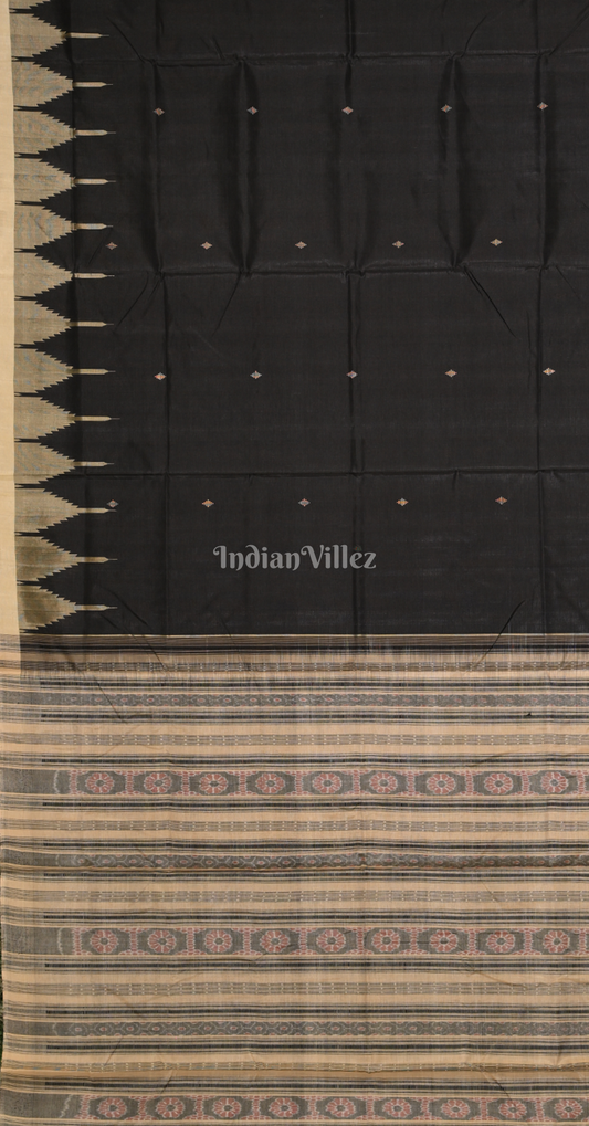 Black Beige Sambalpuri Phoda Kumbha Tussar Silk Saree with Sarabandha Anchal