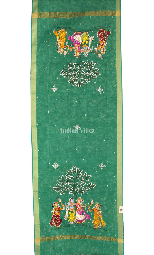 Rama Green Krishna Raas Leela Hand-Painted Pattachitra Chanderi Dupatta