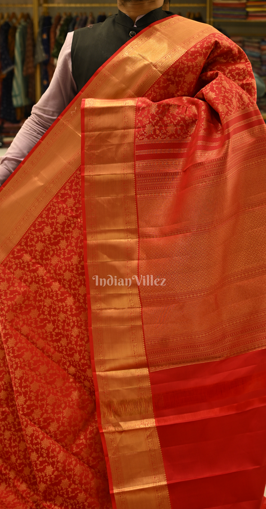 Exclusive Red & Gold Floral Brocade Pure Kanjivaram Silk Saree