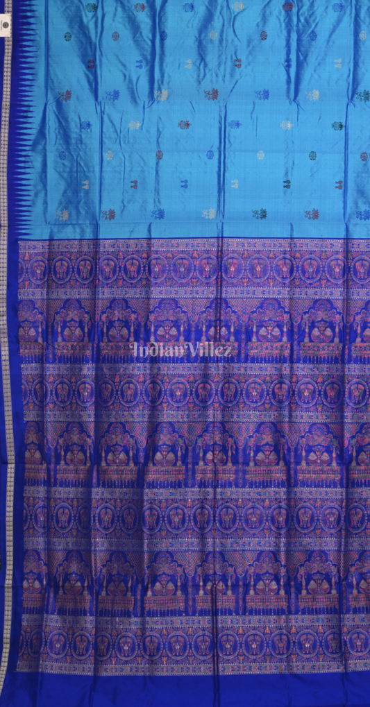 Sky Blue Laxmi Feet Lotus Odisha Ikat Bomkai Sambalpuri Silk Saree