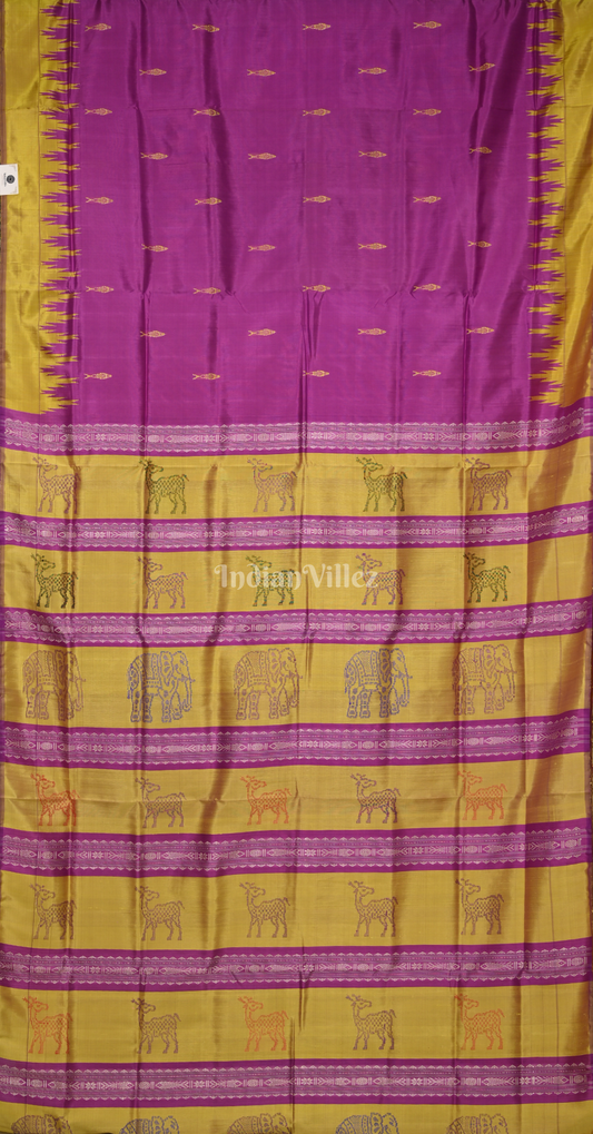 Purple Mustrad Yellow Fish Motif Double Pallu Berhampuri Silk Saree