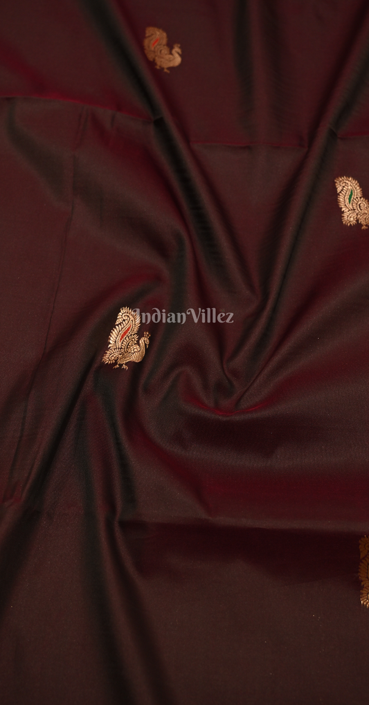 Coffee Golden Peacock Design Pure Mashru Satin Silk Banarasi Saree