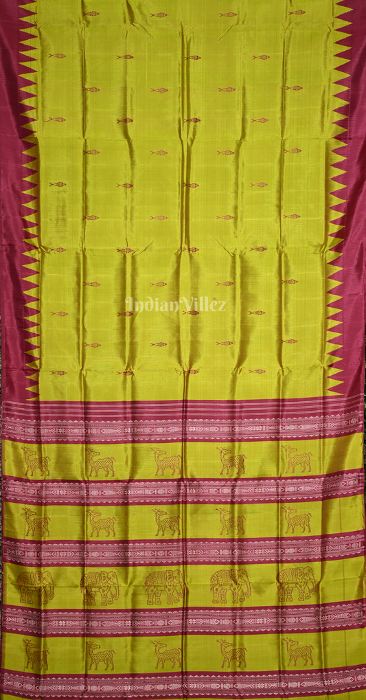 Mehendi Green Maroon Fish Motif Double Pallu Berhampuri Silk Saree