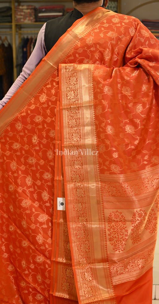 Rust Orange Floral Brocade Pure Kanjivaram Silk Saree