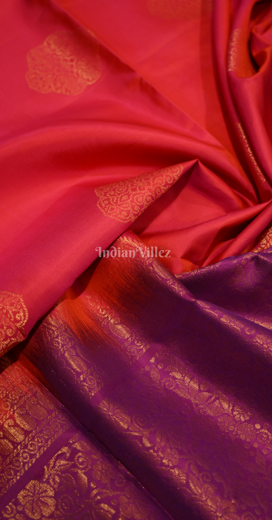 Red Purple Floral Zari Pure Kanjivaram Soft Silk Saree