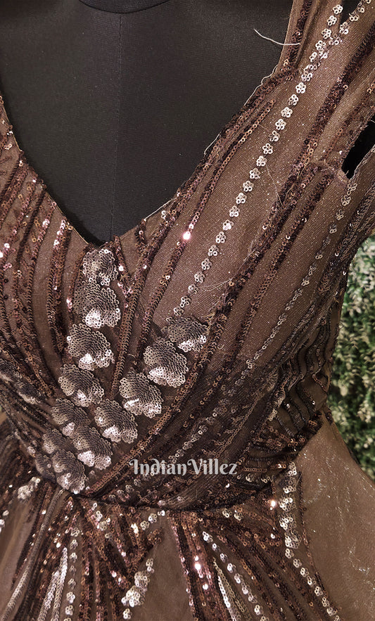 Party Wear Brown Net Indowestern Gown with Sequins Embroidery