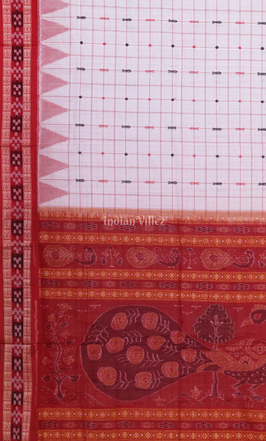White Red Pasapali Border Odisha Ikat Sambalpuri Cotton Saree