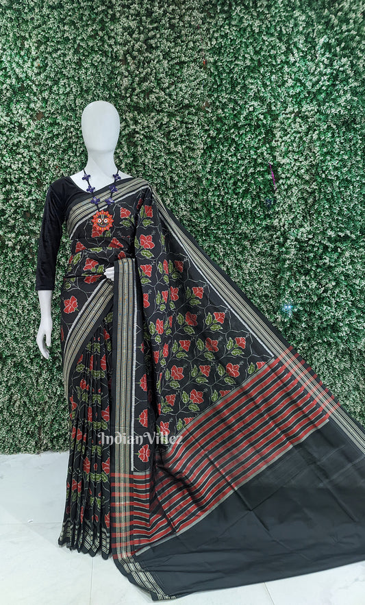 Black Red Laal Mandaar Design Odisha Ikat Sambalpuri Silk Saree