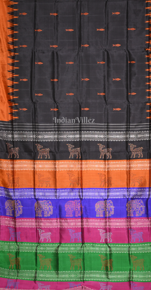 Black Rust Orange Fish Motif Double Pallu Berhampuri Silk Saree