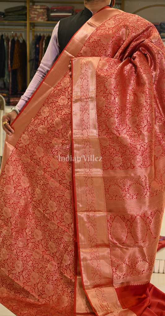 Exclusive Dark Red Floral Brocade Pure Kanjivaram Silk Saree