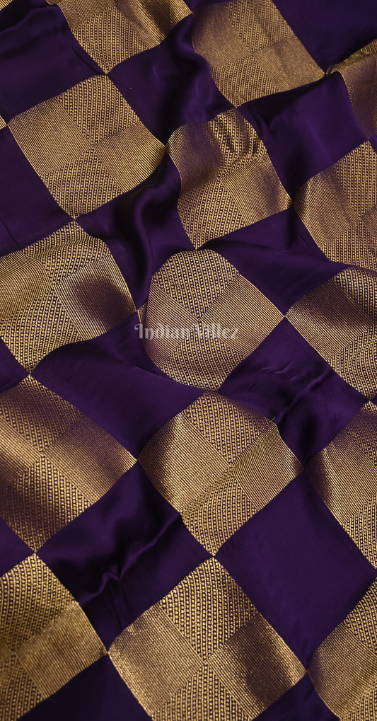 Purple Golden Checks Pure Brocade Kanjivaram Silk Saree