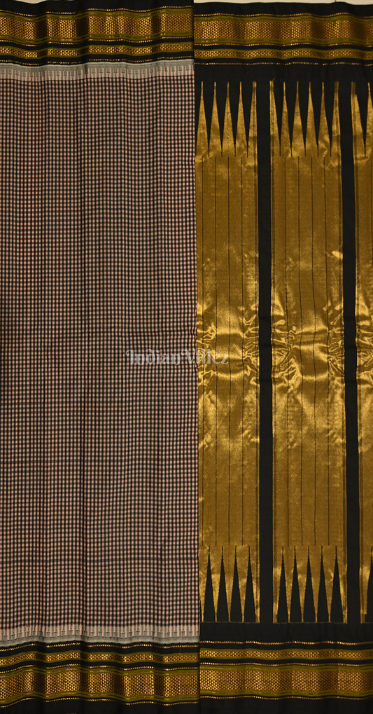 Black Golden Check Pure Gadwal Silk Saree