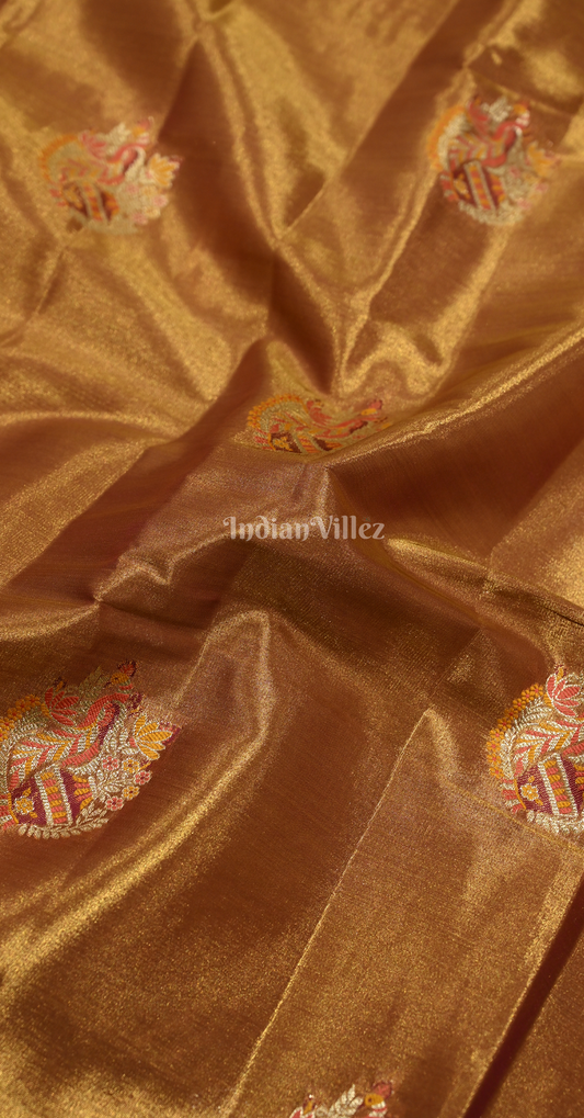 Copper Brown Golden Pure Kanjivaram Tissue Silk Saree