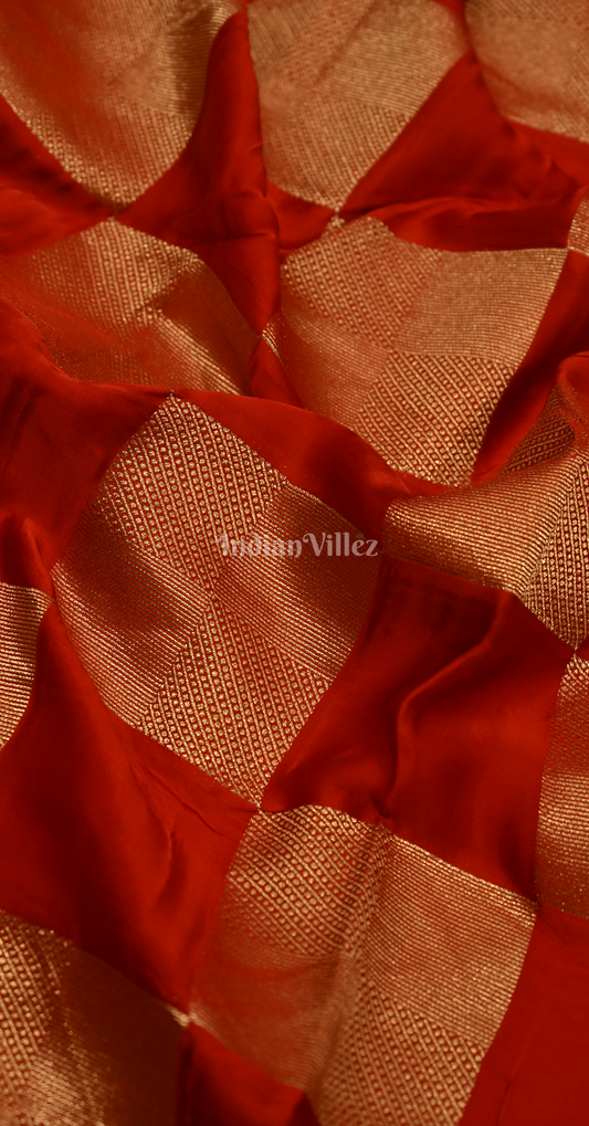 Red Golden Checks Pure Crepe Kanjivaram Silk Saree