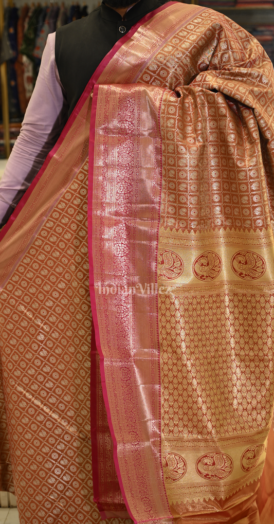 Bronze Gold Red Coin Brocade pure Kanjivaram Silk Saree