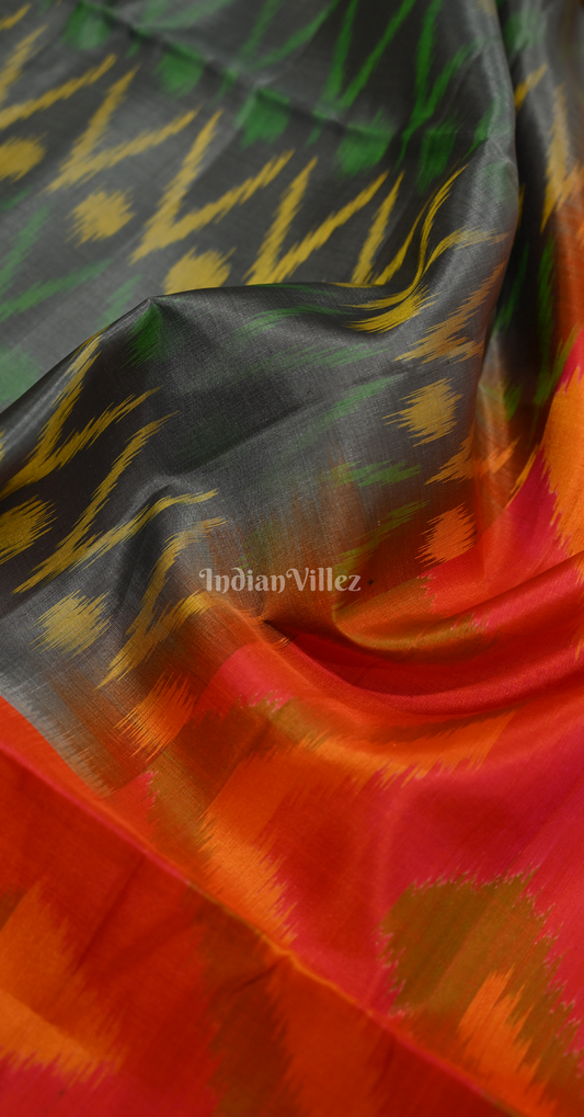 Grey Red Pochampally Ikat Silk Saree