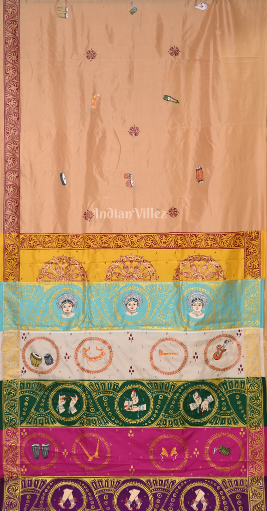 Beige Musical Instruments & Dancer Theme Hand-painted Pattachitra Saree