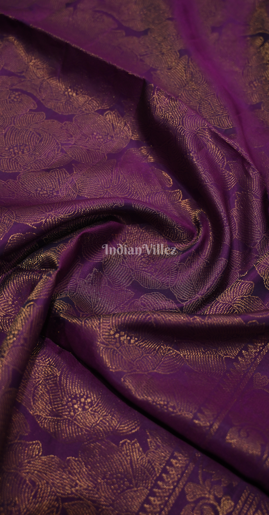 Purple Golden Floral Pure Kanjivaram Soft Silk Saree