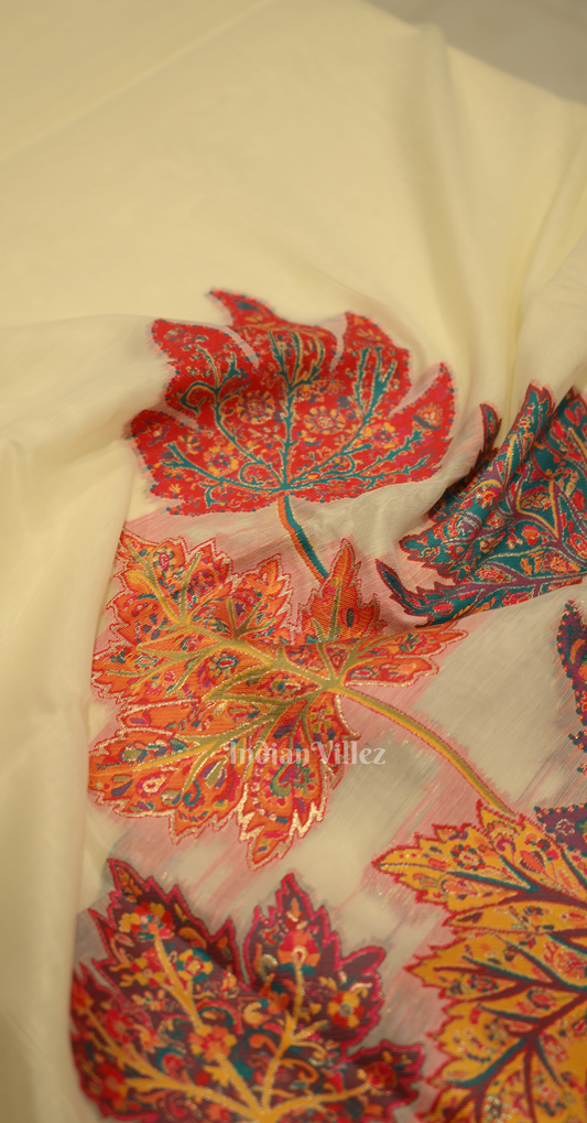 Off White Tree of Life Pure Kashmiri Cotton Pashmina Saree