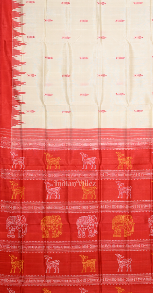 White Red Fish Motif Double Pallu Berhampuri Silk Saree