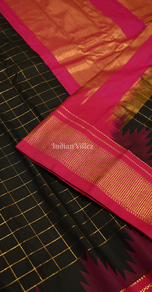 Black Rani Pink Check Pure Gadwal Silk Saree