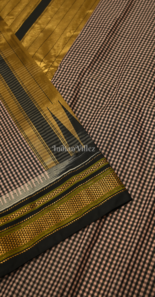 Black Golden Check Pure Gadwal Silk Saree