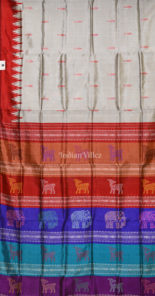 Silver Fish Motif Double Pallu Berhampuri Silk Saree
