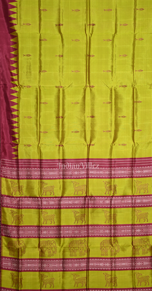 Mehendi Green Maroon Fish Motif Double Pallu Berhampuri Silk Saree