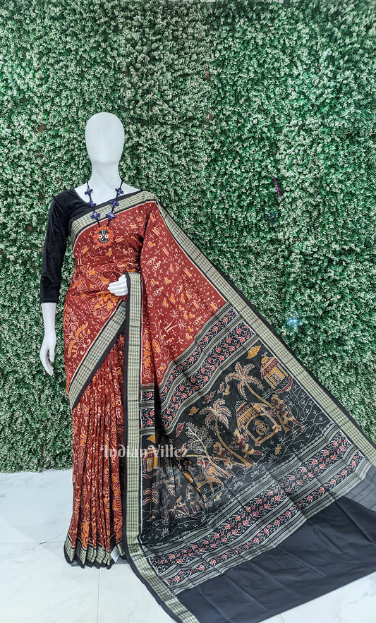 Maroon Black Tribal Diwali Theme Sambalpuri Silk Saree with Doli Barat Anchal