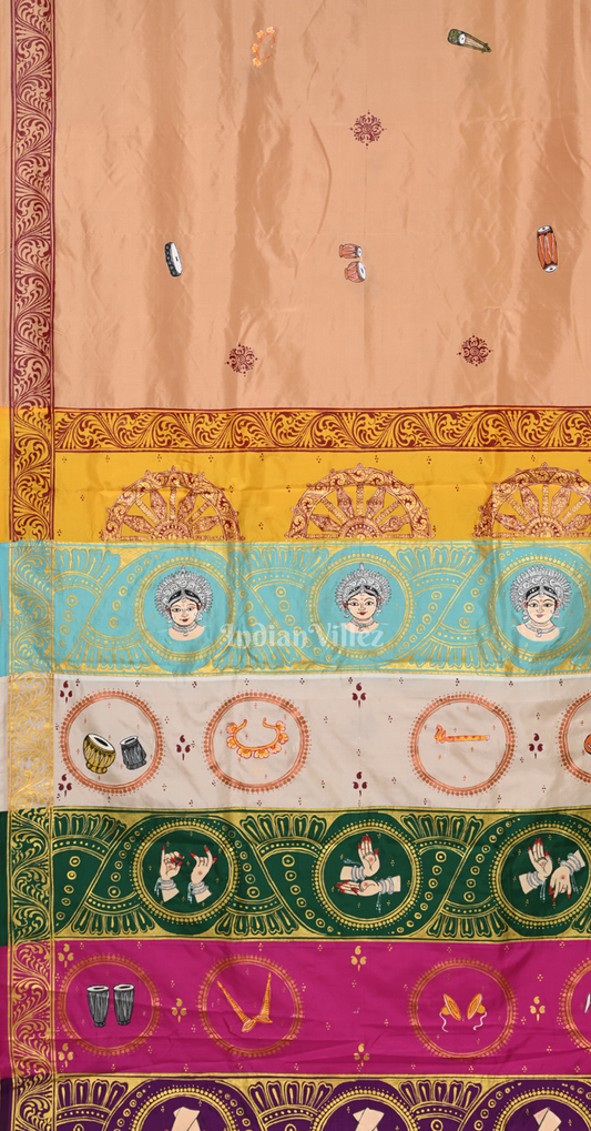 Beige Musical Instruments & Dancer Theme Hand-painted Pattachitra Saree
