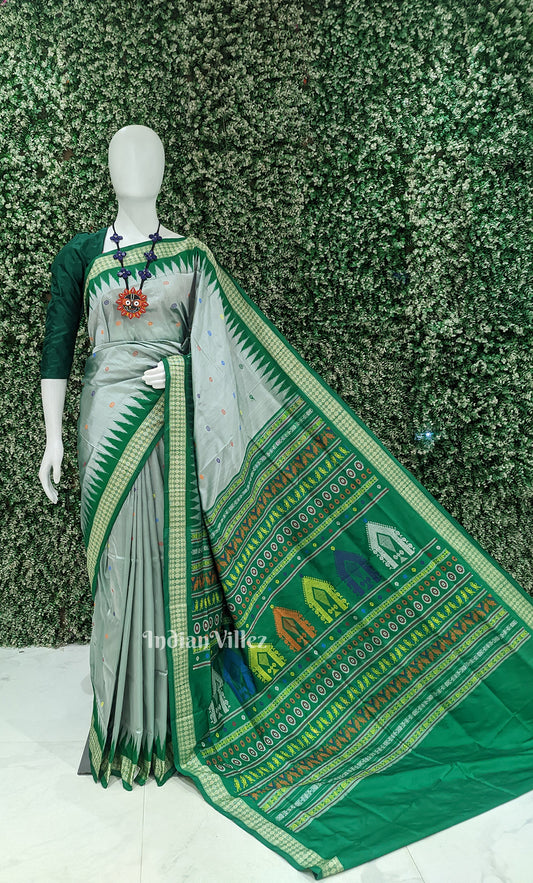 Grey Green Dolabedi Odisha Ikat Bomkai Sambalpuri Ikat Silk Saree