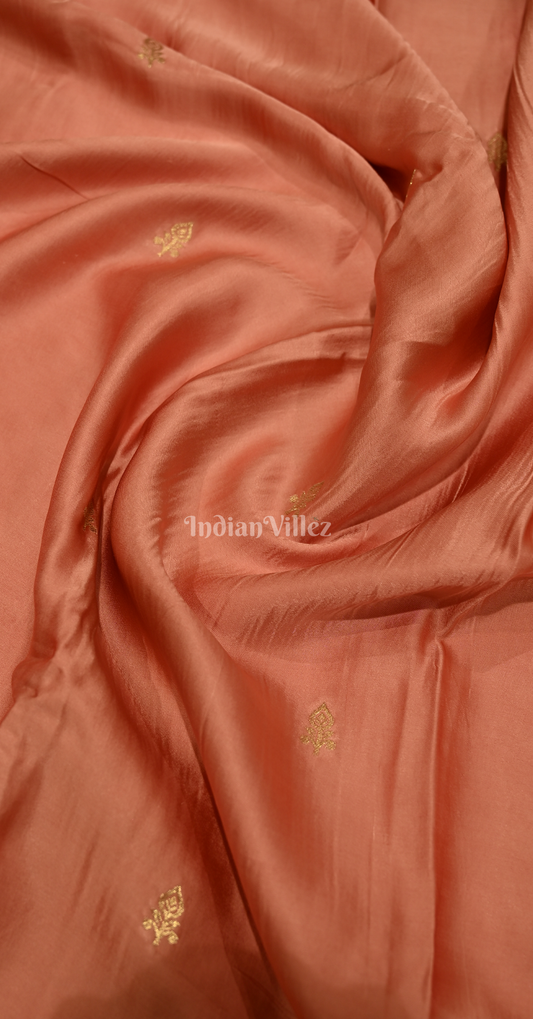 Peach Golden Floral Motif Pure Crepe Kanjivaram Silk Saree