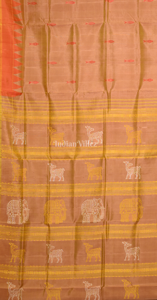 Beige Fish Motif Double Pallu Berhampuri Silk Saree