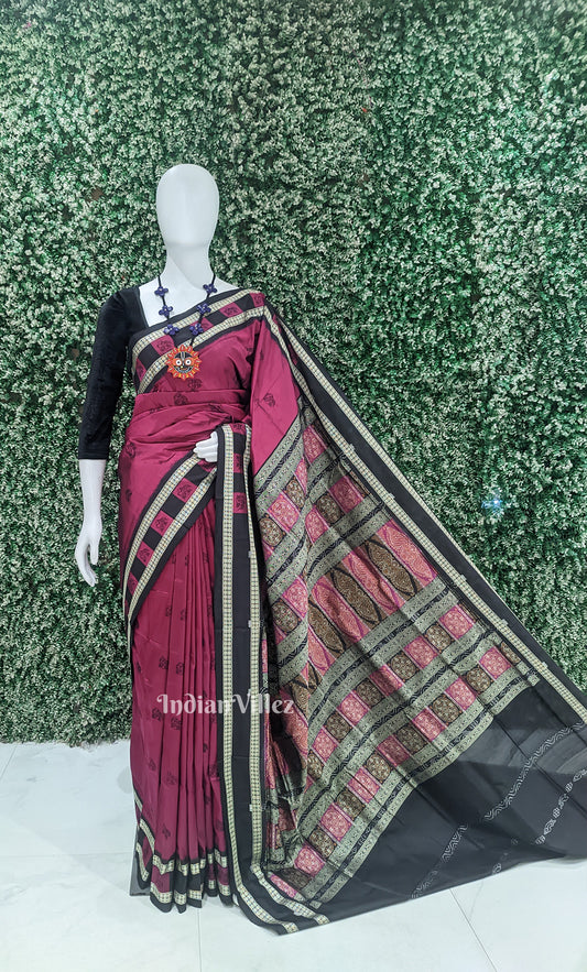 Magenta Pink Black Elephant Motif Odisha Ikat Sambalpuri Silk Saree