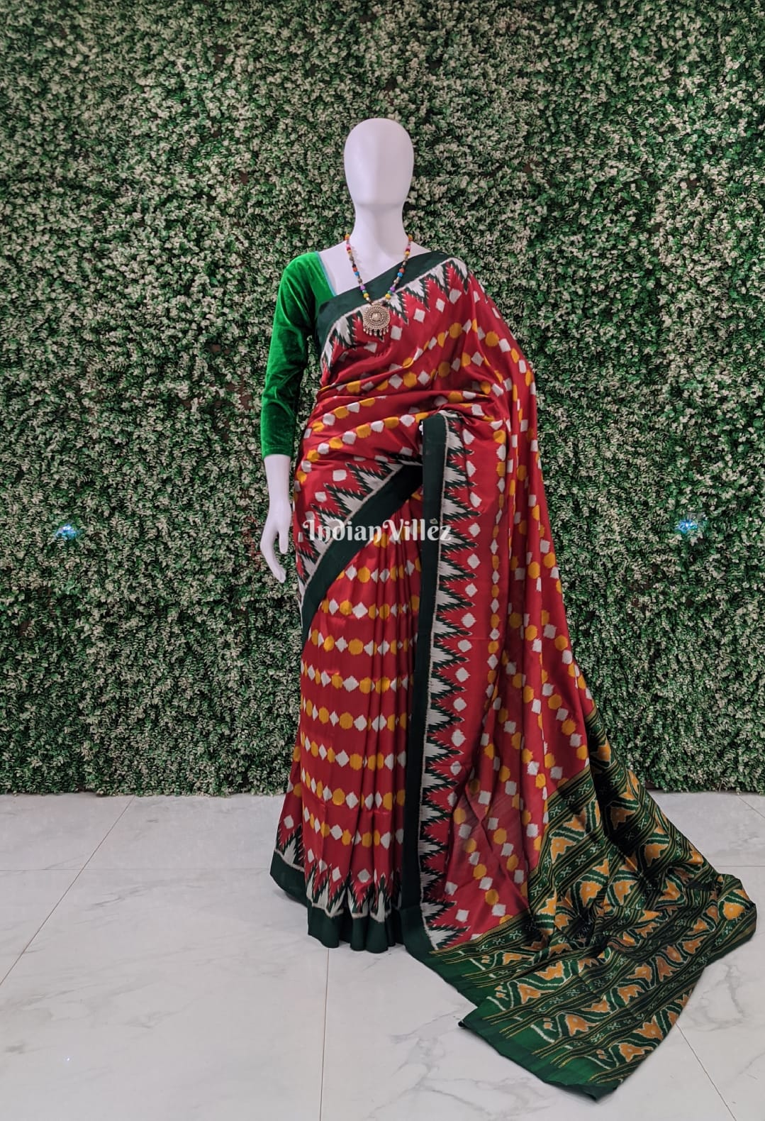 Maroon Bottle Green Odisha Ikat Contemporary Silk Saree