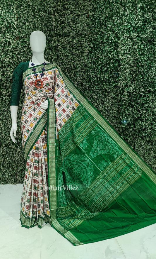 White Green Ashwini Odisha Ikat Sambalpuri Silk Saree