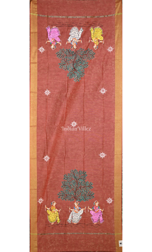 Orange 3 Dancers Dandiya Hand-Painted Pattachitra Chanderi Dupatta