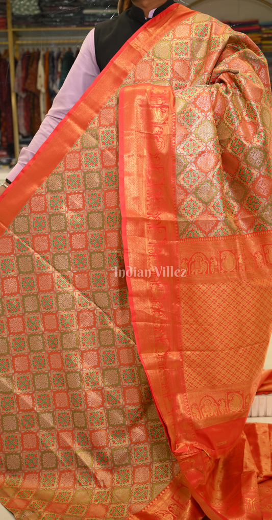 Orange Printed Multi Color Pure Brocade Tissue Kanjivaram Saree