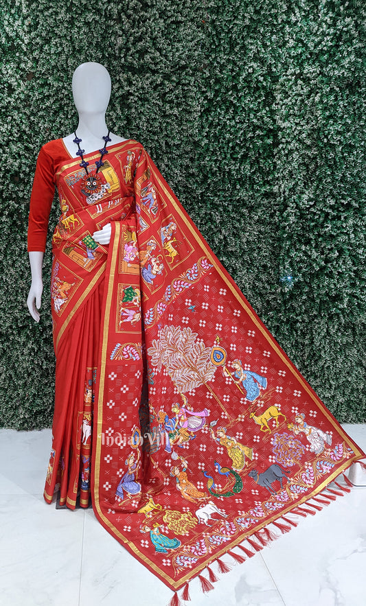 Red Radha Krishna Village ThemePattachitra Sambalpuri silk Saree