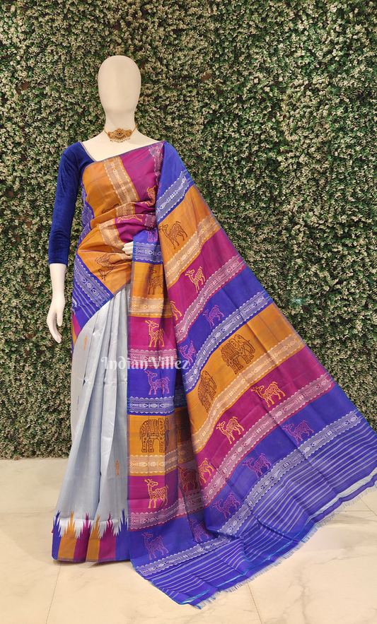 Grey Blue Fish Motif Double Pallu Berhampuri Silk Saree