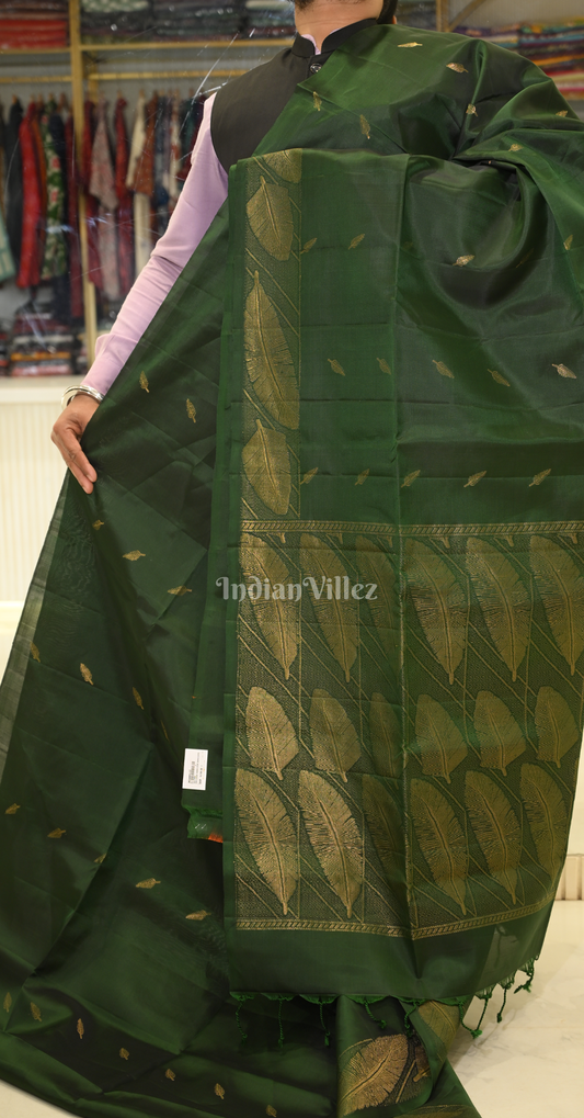Bottle Green Zari Leaf Motif Pure Kanjivaram Soft Silk Saree