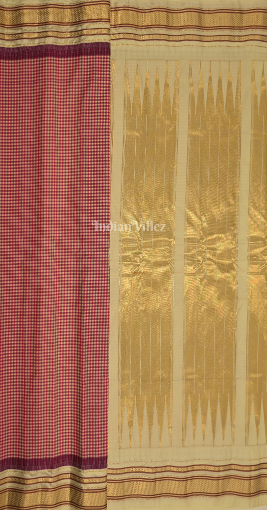 Beige Maroon Check Pure Gadwal Silk Saree