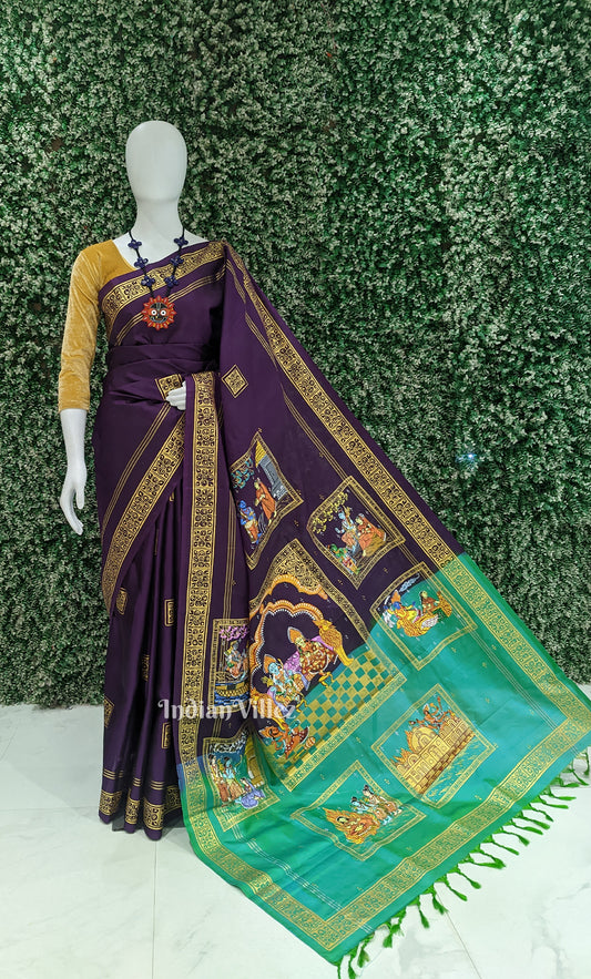 Purple Green Ramayan Theme Hand-Painted Pattachitra Saree