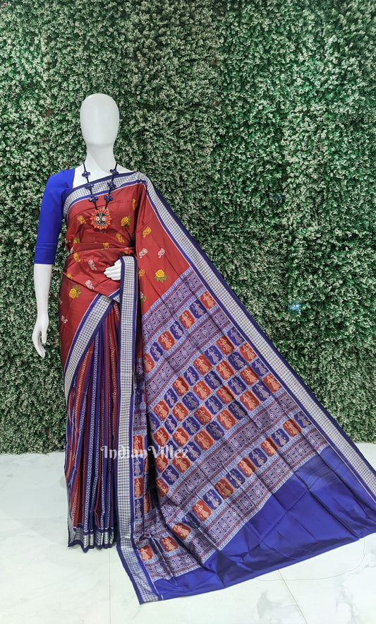 Red Blue Odisha Ikat Bomkai Sambalpuri Silk Saree with Doll Aanchal