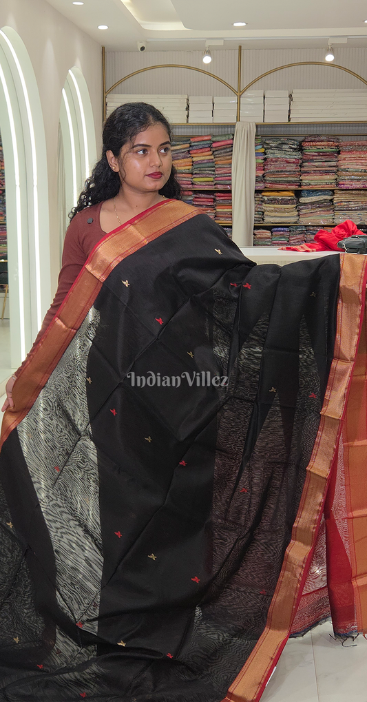 Black Red Pure Silk Cotton Maheshwari Saree