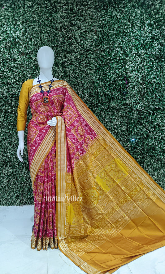 Rani Pink Mustard Yellow Jhoti Motif Odisha Ikat Sambalpuri Silk Saree